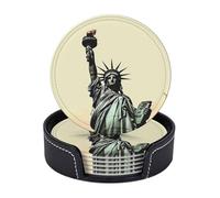 Lot de 6 dessous de verre avec support, dessous de verre en cuir pour boissons, statue de la liberté et horloge pour décoration de table basse, tapis antidérapant pour boissons chaudes ou froides