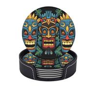 Lot de 6 dessous de verre avec support en cuir pour boissons, motif masque Tiki coloré, protection de table, tapis de tasse à café, tapis de tasse pour cuisine, salle à manger, table basse