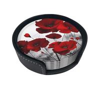 Lot de 6 dessous de verre avec support - Pour la protection de la table - Décoration d'intérieur - 10 cm - Motif coquelicot rouge