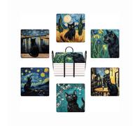 Lot de 6 dessous de verre carrés absorbants en céramique Van Gogh Art et chat noir, avec base en liège et support en métal, décoration de bar, cadeau de pendaison de crémaillère