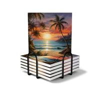 Lot de 6 dessous de verre carrés, coucher de soleil, plage, palmier