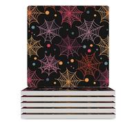 Lot de 6 dessous de verre carrés en céramique avec dos en liège Motif toile d'araignée d'Halloween Résistant à la chaleur Pour tasses et verres