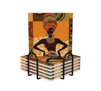Lot de 6 dessous de verre carrés en céramique avec support en métal Motif femme africaine Protection de table pour décoration d'intérieur