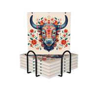 Lot de 6 dessous de verre carrés en céramique avec tête de vache et fleurs de style moderne pour table basse, protection de table et décoration d'intérieur