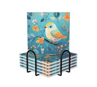 Lot de 6 dessous de verre carrés en céramique motif oiseau sur une branche de style moderne pour table basse pour protection de table et décoration d'intérieur