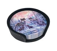 Lot de 6 dessous de verre en cuir absorbant avec boîte de rangement Motif famille de loups d'hiver