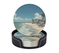 Lot de 6 dessous de verre en cuir avec motif de plage - Protection contre les déversements - Pour table et bureau - Durable et antidérapant - Parfait pour les tasses à café et les tasses