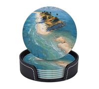 Lot de 6 dessous de verre en cuir avec motif île de plage - Protection contre les déversements - Pour table et bureau - Durable et antidérapant - Parfait pour les tasses à café et les tasses