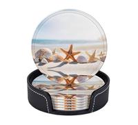 Lot de 6 dessous de verre en cuir avec motif plage, protection contre les déversements pour table, bureau, dessous de verre en cuir durable et antidérapant, parfait pour tasse à café et tasse