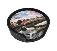 Lot de 6 dessous de verre en cuir avec support Dublin Irlande Ha Penny Bridge River résistant à la chaleur pour la protection de table Décoration de bureau