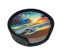 Lot de 6 dessous de verre en cuir avec support Motif coucher de soleil et plage Résistant à la chaleur Pour la protection de table Décoration de bureau