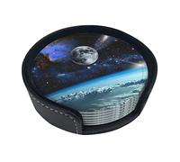 Lot de 6 dessous de verre en cuir avec support Space Planet - Résistant à la chaleur - Pour la protection de table et la décoration de bureau