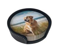 Lot de 6 dessous de verre en cuir imprimé Golden Retriever sur la plage avec boîte de rangement, ensemble de sous-verres décoratifs pour tasse à café, cadeau de pendaison de crémaillère pour