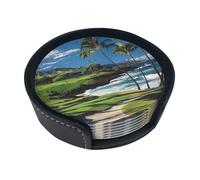Lot de 6 dessous de verre en cuir imprimé parcours de golf hawaïen avec boîte de rangement, ensemble de sous-verres décoratifs pour tasse à café, cadeau de pendaison de crémaillère pour décoration