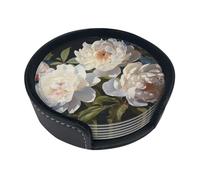 Lot de 6 dessous de verre en cuir imprimé pivoine blanche, facile à nettoyer, pour table basse, bar, décoration d'intérieur, cadeaux de pendaison de crémaillère