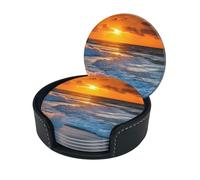 Lot de 6 Dessous de Verre en Cuir imprimé Plage avec Coucher de Soleil - Résistant à la Chaleur - pour la décoration de la Maison et du Bureau