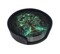 Lot de 6 dessous de verre en cuir motif arbre vert magique pour boisson, tasse à thé, dessous de verre pour tasse, cuisine, bar, décoration d'intérieur, cadeau de pendaison de crémaillère