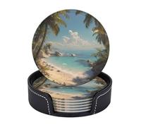 Lot de 6 dessous de verre en cuir motif plage tropicale, protection contre les déversements pour table, bureau, dessous de verre en cuir durable et antidérapant, parfait pour tasse à café et tasse