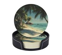 Lot de 6 dessous de verre en cuir motif plage tropicale, protection contre les déversements pour table, bureau, dessous de verre en cuir durable et antidérapant, parfait pour tasse à café et tasse