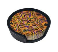 Lot de 6 dessous de verre en cuir synthétique résistant à la chaleur, dessous de verre antidérapants pour bureau, texture ethnique tribale africaine, ensemble de dessous de verre ronds pour la maison