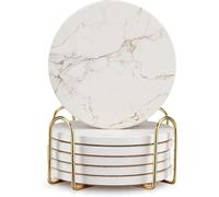 Lot de 6 Dessous de Verre en marbre Blanc avec Support - Les Meilleurs Dessous de Verre absorbants en Pierre pour Table et vin