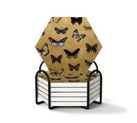 Lot de 6 dessous de verre hexagonaux papillons noirs et dorés