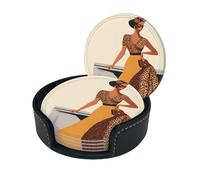 Lot de 6 dessous de verre pour boissons avec support - En cuir synthétique - Motif fille africaine traditionnelle