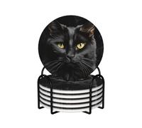 Lot de 6 dessous de verre pour boissons en céramique avec support en métal - Dessous de verre en forme de chat noir - Forme ronde - Résistant à la chaleur - Pour table et décoration d'intérieur