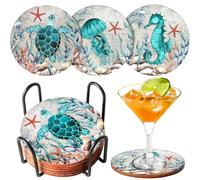 Lot de 6 dessous de verre pour boissons en liège avec support - Motif mer et océan - Décoration côtière - Thème tropical - Épais - Robuste - Pour pendaison de crémaillère, appartement, cuisine, bar