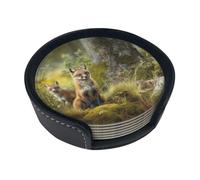Lot de 6 dessous de verre pour boissons, motif animaux dans la forêt en cuir, dessous de verre avec support pour salon, cuisine, décoration café