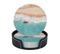 Lot de 6 dessous de verre romantiques en cuir avec motif imprimé plage - Protection contre les éclaboussures - Pour table de bureau - Durable et antidérapant - Parfait pour les tasses à café et les