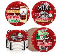 Lot de 6 dessous de verre ronds absorbants avec base en liège et support en métal, motif arbre de Noël « You Get » - Cadeau pour pendaison de crémaillère, bar