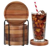 Lot de 6 dessous de verre ronds en bois d'acacia réutilisables avec support en fer pour boissons, café, bar, cuisine