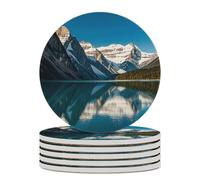 Lot de 6 dessous de verre ronds en céramique avec base en liège - Résistant à la chaleur - Panorama des montagnes du lac Louise - Pour boissons chaudes et froides - Décoration de table - Pour bar