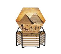 Lot de 6 dessous de verre ronds en céramique avec support - Égypte antique - Protection de table - Résistant à la chaleur - 10,2 cm