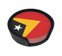 Lot de 6 dessous de verre ronds en cuir avec drapeau du Timor-Leste - Décoration de table délicate et douce - Convient pour les tasses à café, les tasses, etc.