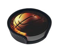 Lot de 6 dessous de verre ronds en cuir avec imprimé de fond de basket-ball résistant à la chaleur pour bureau, cuisine, bar, décoration d'intérieur, cadeau de pendaison de crémaillère