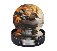 Lot de 6 dessous de verre ronds en cuir avec support - Motif canard au bord du lac - Pour boissons, tasses, tasses, tapis absorbants et antidérapants - Pour table basse, cuisine, bar, décoration