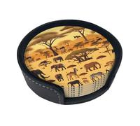 Lot de 6 dessous de verre ronds en cuir imprimés d'animaux de prairie africaine avec des couleurs riches, des motifs uniques et faciles à utiliser.