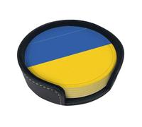 Lot de 6 dessous de verre ronds en cuir, motif drapeau de l'Ukraine, adaptés pour table basse, cuisine et décoration de salle à manger.