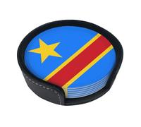 Lot de 6 dessous de verre ronds en cuir Motif drapeau du Congo Décoration de table délicate et douce, convient pour les tasses à café, les tasses, etc.
