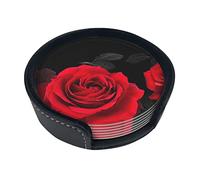 Lot de 6 dessous de verre ronds en cuir Motif floral Rouge