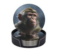 Lot de 6 Dessous de Verre Ronds en Cuir Motif Singe pour Boissons, antidérapants, avec Support, personnalisés, pour Table Basse et Cuisine