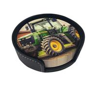 Lot de 6 dessous de verre ronds en cuir sur le thème du tracteur avec support résistant à la chaleur pour la protection de table, dessous de verre de tasse à thé, décoration d'intérieur