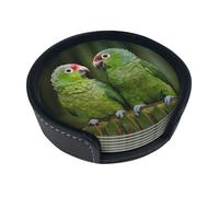 Lot de 6 dessous de verre ronds en cuir synthétique résistant à la chaleur pour bureau de table, deux perroquets verts et palmiers, ensemble de dessous de verre ronds pour la maison, le bureau, la