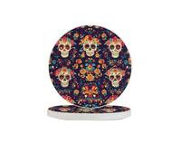 Lot de 6 dessous de verre ronds en diatomite à séchage rapide Motif tête de mort mexicaine Pour table, bar, décoration d'intérieur