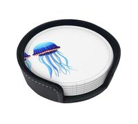 Lot de 6 dessous de verre ronds en polyuréthane Motif méduse bleue Convient pour la maison, le bureau, le restaurant et d'autres scènes