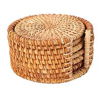 Lot de 6 Dessous de Verre Ronds en Rotin Vintage pour Tasses à thé Faits à la Main avec Support de Rangement pour Théière Ronde, Tapis Isolant pour Table de Cuisine, Boissons,