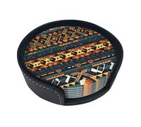 Lot de 6 dessous de verre ronds en texture ethnique tribale africaine avec rangement pour protéger les tables des tasses chaudes et des anneaux d'eau.
