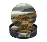 Lot de 6 dessous de verre ronds pour boissons, en cuir synthétique avec support, dessous de verre de 10,2 cm pour table basse, motif fleurs jaunes sur la plage, ensemble de sous-verres pour décoration